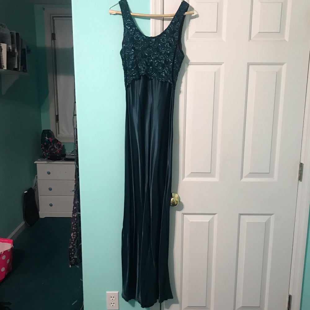 Emerald silk and lace formal dress